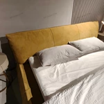 Warm Yellow Suede Upholstered Bed with Minimalist Half-Slat Back Panel & Skirted Base